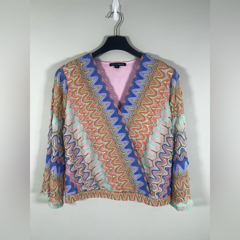 Boston Proper Color Surplice Flare Sleeve Boho Long Sleeve Blouse Size Large - Picture 2 of 8